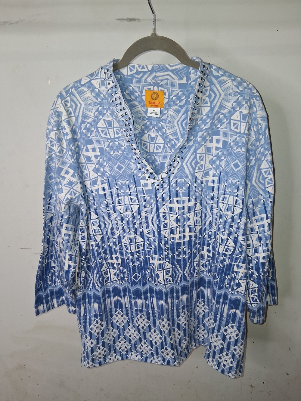 Ruby Rd. Blue & White V-Neck Patterned Tunic with Stud Detail